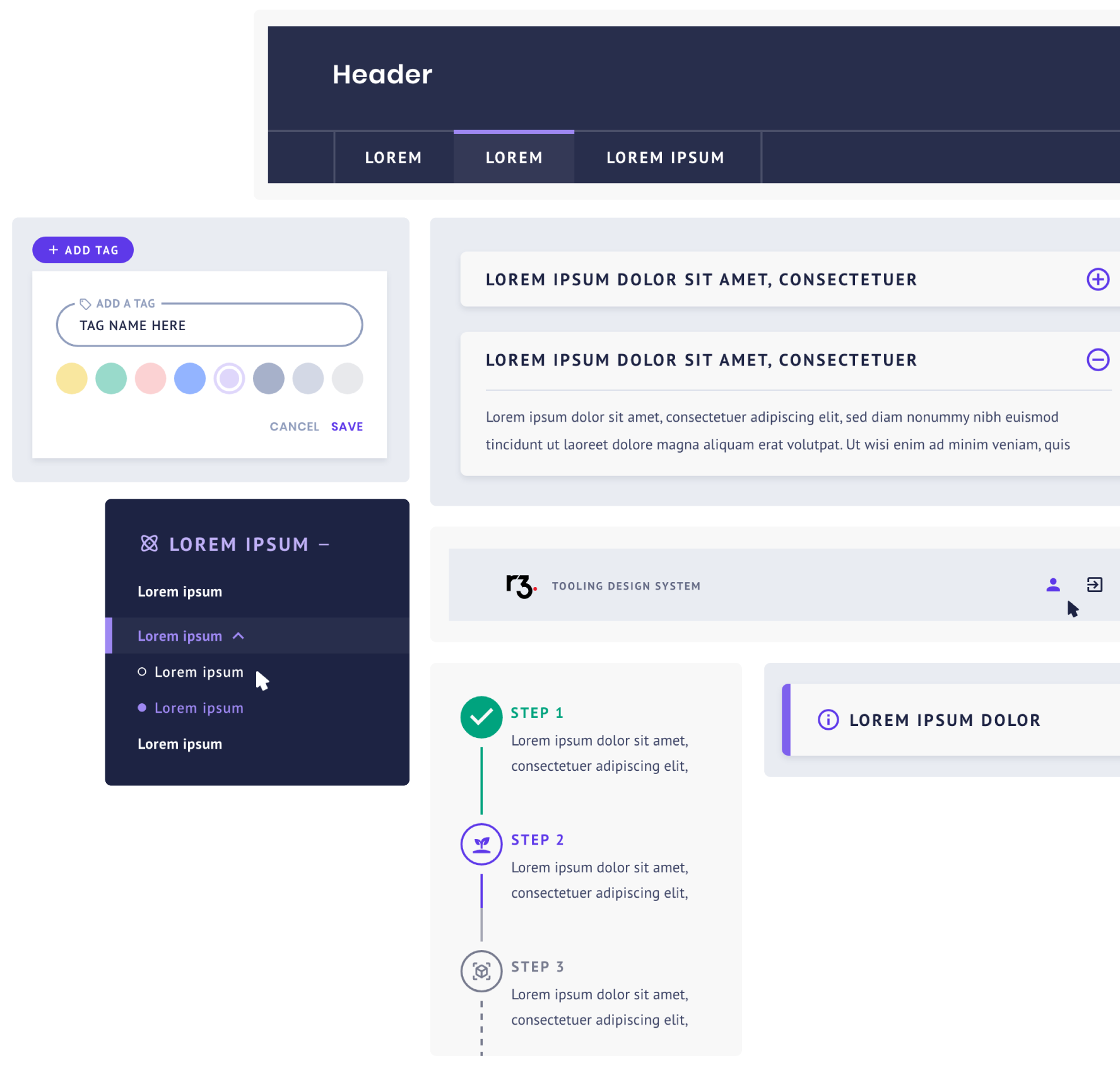 Examples of complex interactive components, part of the design system.