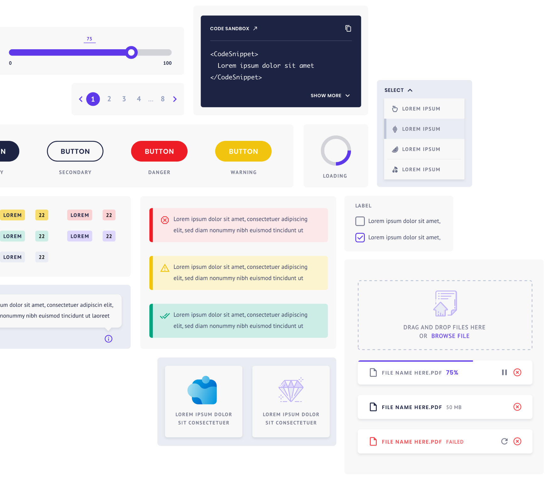 Examples of buttons, badges, and other elements part of the design system.